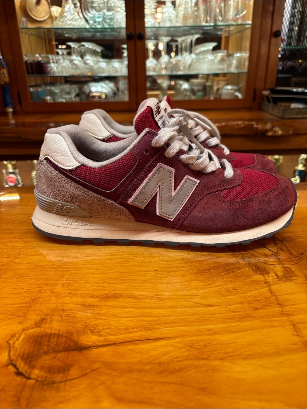 Men’s New Balance Burgundy & Gray 574 Running Sneakers - Picture 2 of 10